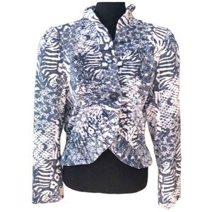 BAMBOO TRADERS CROPPED MIXED PRINT RUFFLED JACKET BLUE WHITE SIZE MEDIUM
